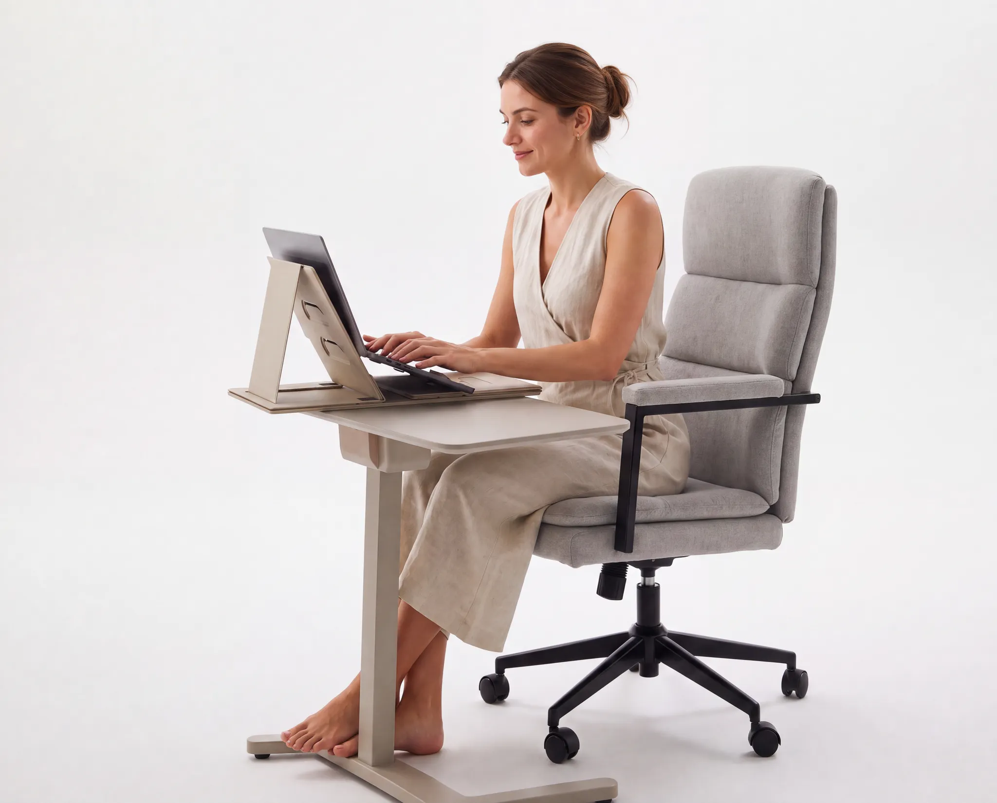 Generated with Kive.ai - Replace only the existing beige office chair with the exact grey upholstered office chair shown in the reference image high segmented padded back and seat_ light grey fabric_ black arm.png