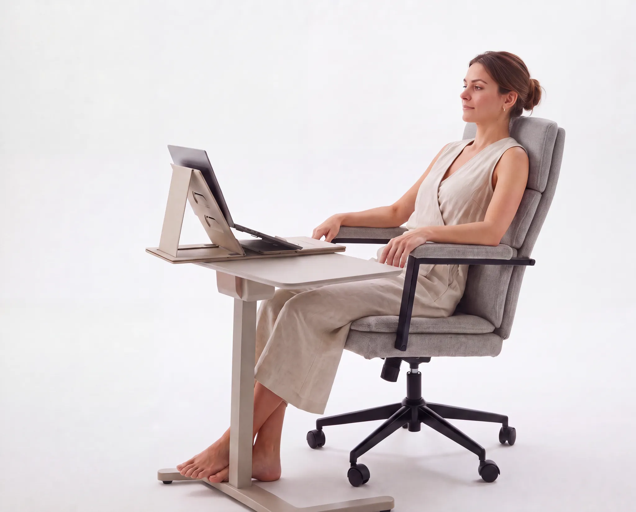 Generated with Kive.ai - Replace the current beige upholstered office chair with the exact grey upholstered office chair shown in the reference image grey fabric segmented back and seat_ black arm supports_ an.png